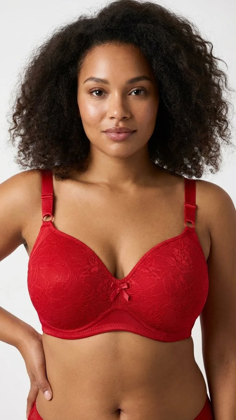 LunaIntim Kırmızı Dantelli Minimizer Sütyen Geniş Askılı ve Toparlayıcı Şık Model - Model Üzerinde Yandan Görünüm